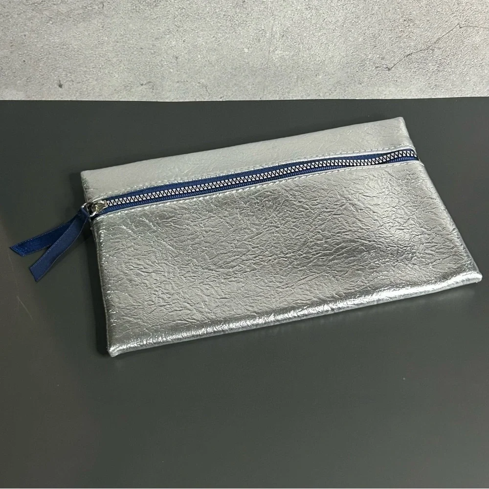 ipsy Silver Cosmetic Bag with Blue Zipper